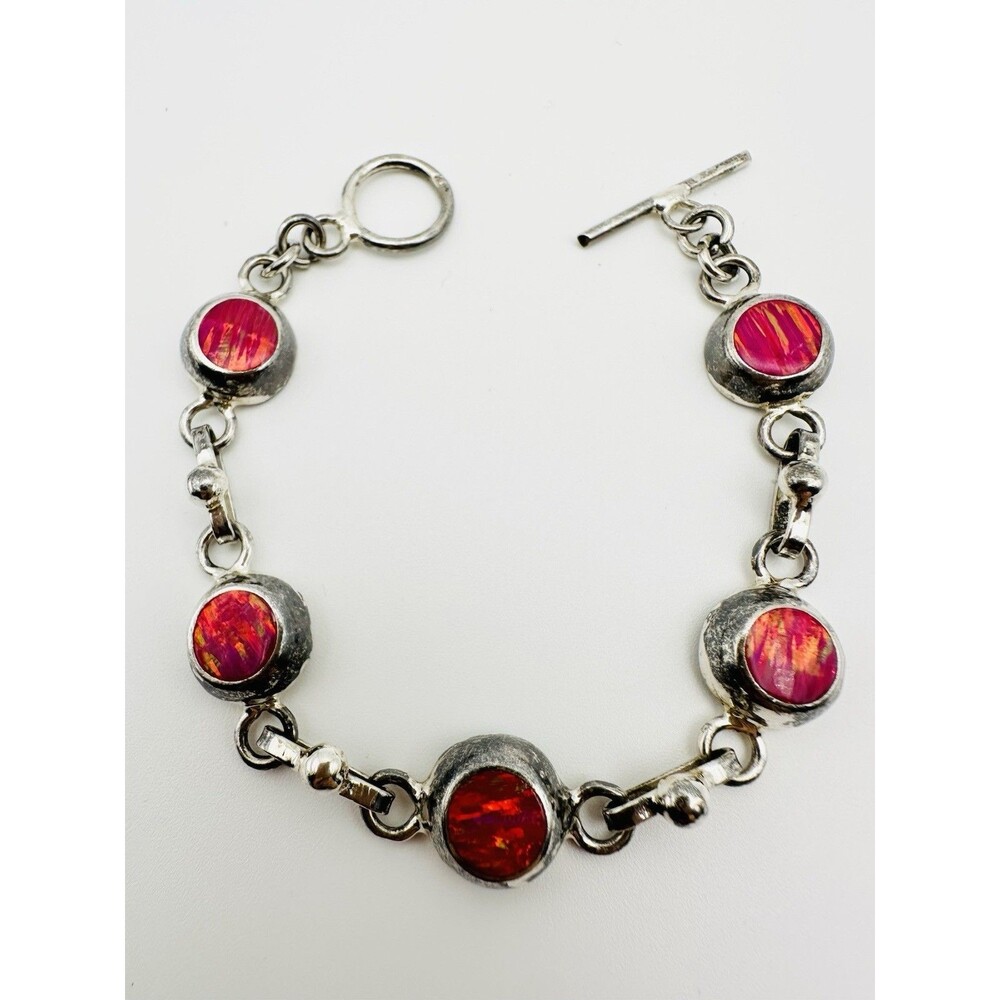 Vintage 925 Sterling silver Created pink Fire Opal Toggle bracelet 7”